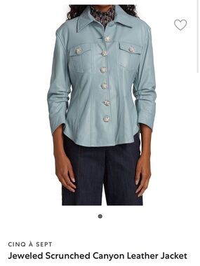 Cinq a Sept Powder Blue Jeweled Scrunched Leather
Jacket, Size 4